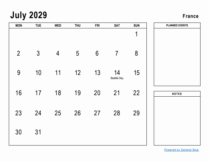 July 2029 Printable Monthly Calendar with France Holidays