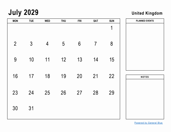 July 2029 Printable Monthly Calendar with United Kingdom Holidays