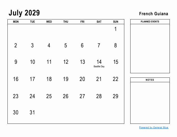 July 2029 Printable Monthly Calendar with French Guiana Holidays