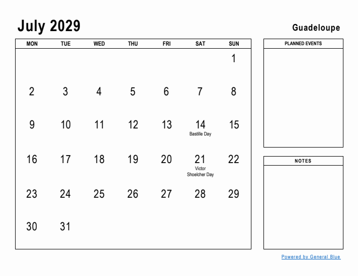 July 2029 Printable Monthly Calendar with Guadeloupe Holidays