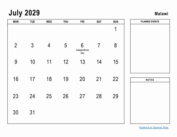 July 2029 Printable Monthly Calendar with Malawi Holidays