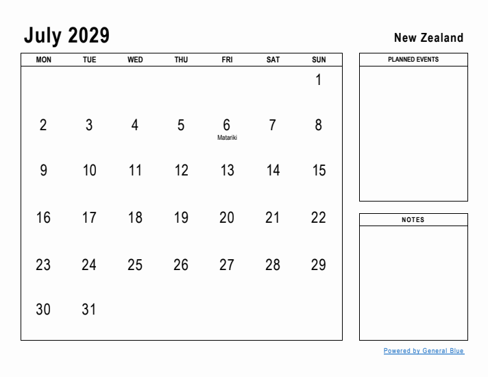 July 2029 Printable Monthly Calendar with New Zealand Holidays