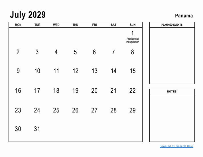 July 2029 Printable Monthly Calendar with Panama Holidays