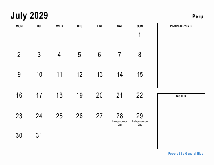 July 2029 Printable Monthly Calendar with Peru Holidays