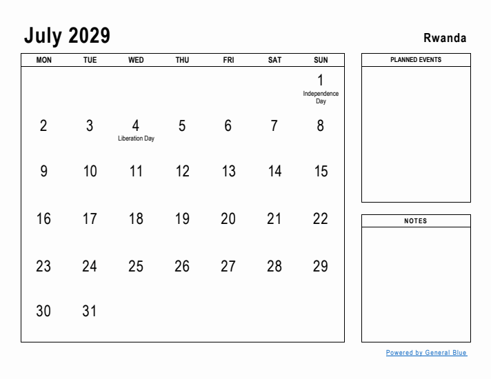 July 2029 Printable Monthly Calendar with Rwanda Holidays