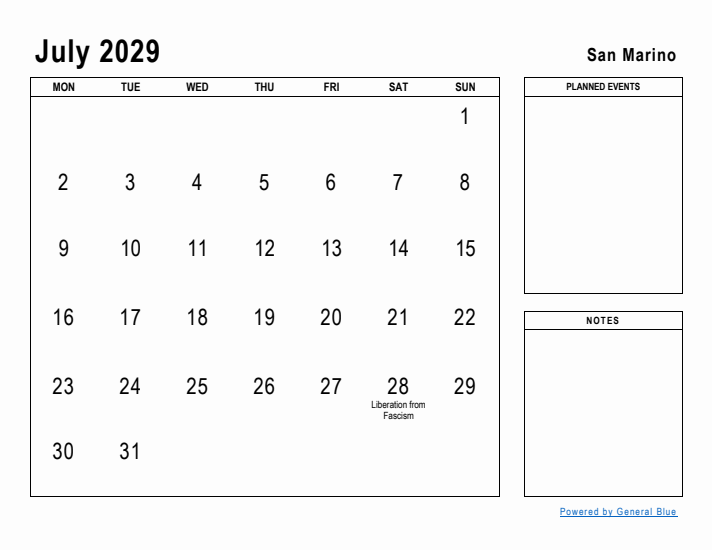 July 2029 Printable Monthly Calendar with San Marino Holidays