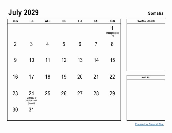 July 2029 Printable Monthly Calendar with Somalia Holidays