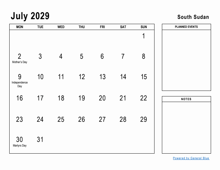 July 2029 Printable Monthly Calendar with South Sudan Holidays