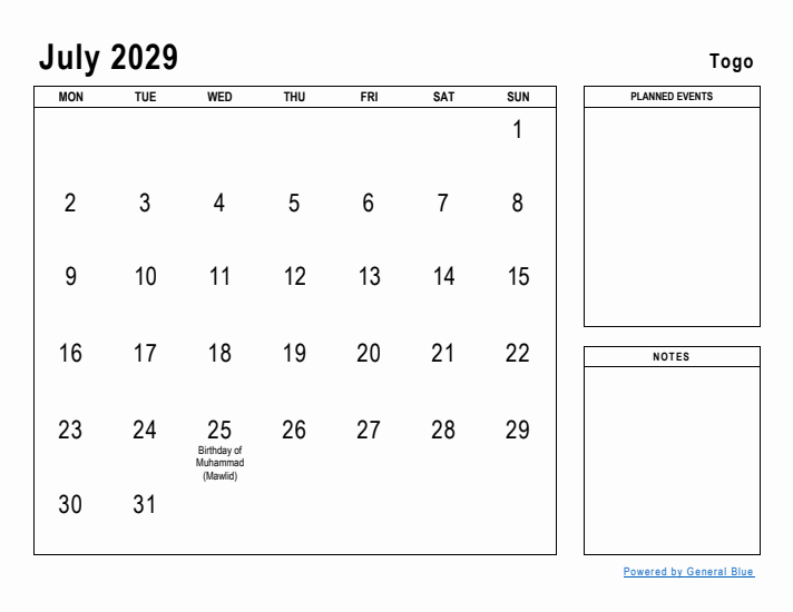 July 2029 Printable Monthly Calendar with Togo Holidays