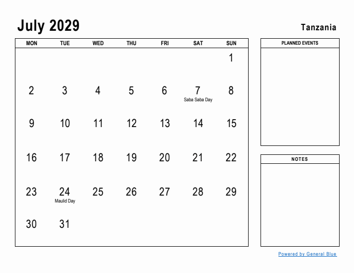 July 2029 Printable Monthly Calendar with Tanzania Holidays