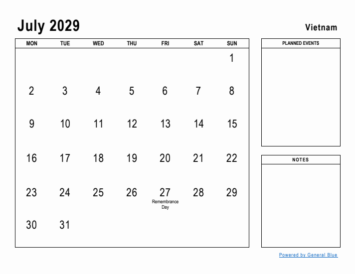 July 2029 Printable Monthly Calendar with Vietnam Holidays