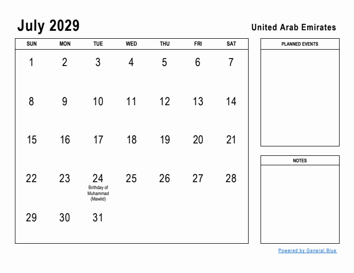 July 2029 Printable Monthly Calendar with United Arab Emirates Holidays