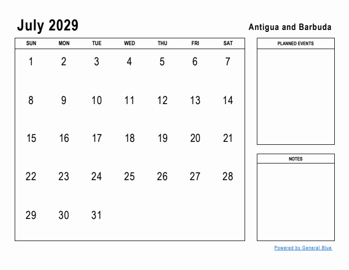 July 2029 Printable Monthly Calendar with Antigua and Barbuda Holidays