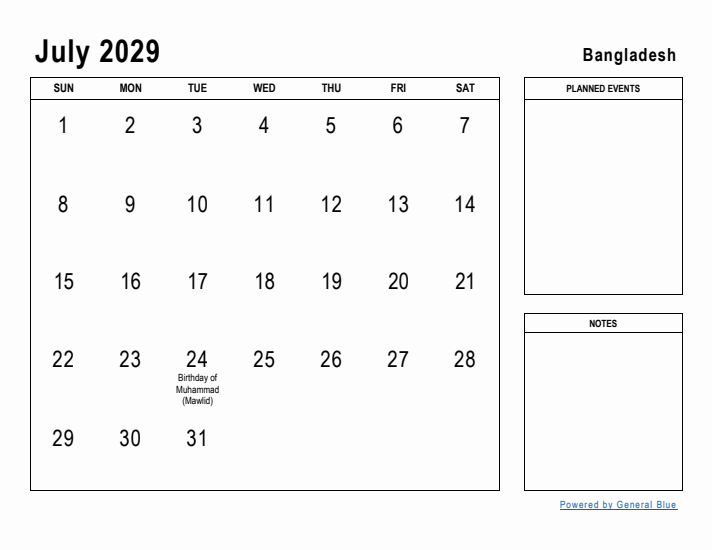 July 2029 Printable Monthly Calendar with Bangladesh Holidays