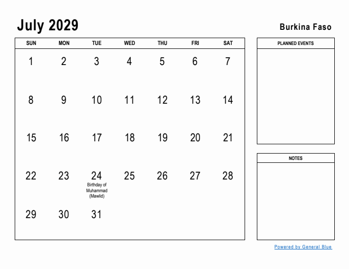 July 2029 Printable Monthly Calendar with Burkina Faso Holidays