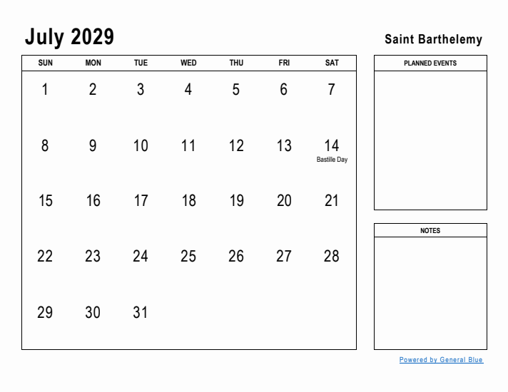 July 2029 Printable Monthly Calendar with Saint Barthelemy Holidays