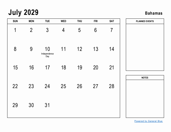 July 2029 Printable Monthly Calendar with Bahamas Holidays