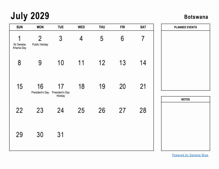 July 2029 Printable Monthly Calendar with Botswana Holidays