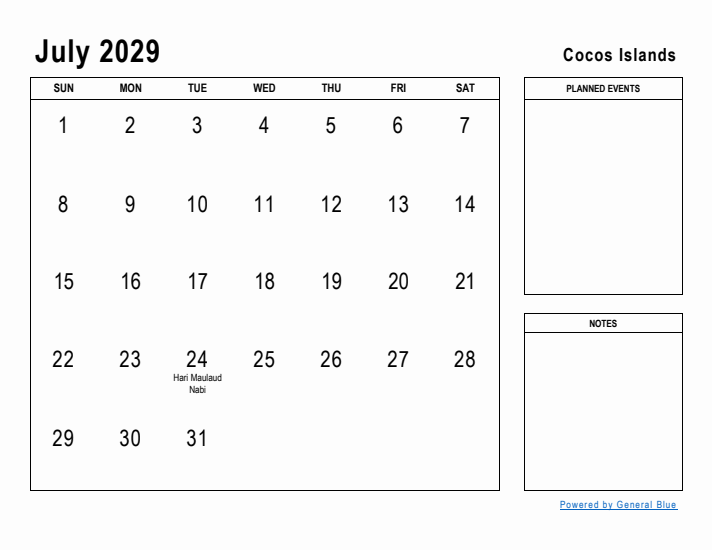 July 2029 Printable Monthly Calendar with Cocos Islands Holidays