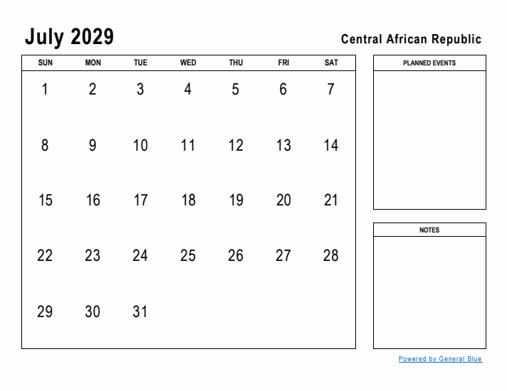 July 2029 Printable Monthly Calendar with Central African Republic Holidays