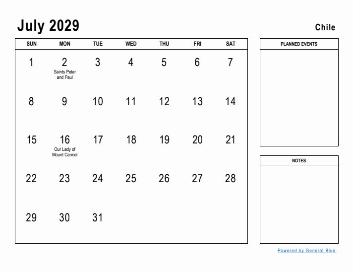 July 2029 Printable Monthly Calendar with Chile Holidays