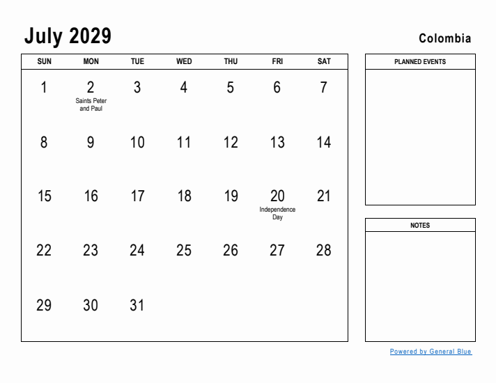 July 2029 Printable Monthly Calendar with Colombia Holidays