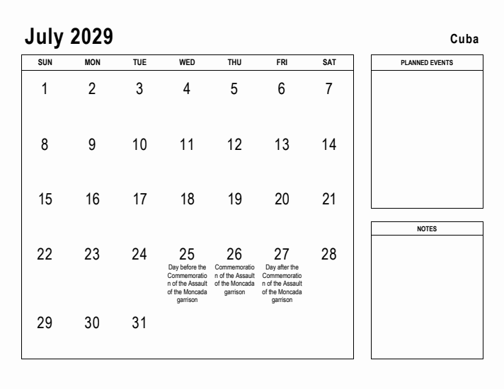 July 2029 Printable Monthly Calendar with Cuba Holidays