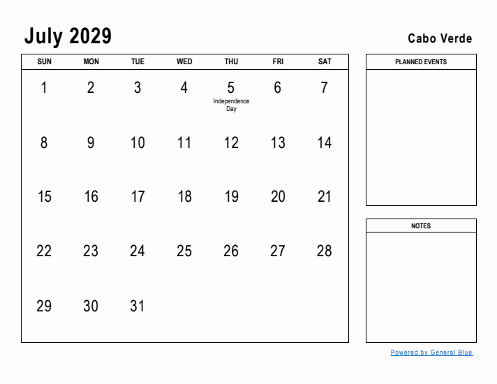 July 2029 Printable Monthly Calendar with Cabo Verde Holidays