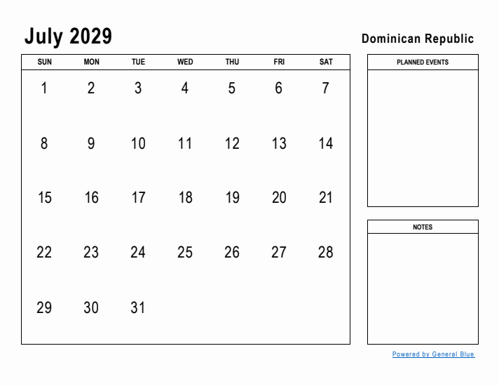 July 2029 Printable Monthly Calendar with Dominican Republic Holidays