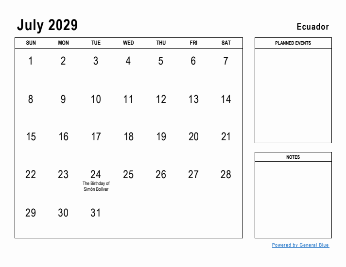 July 2029 Printable Monthly Calendar with Ecuador Holidays