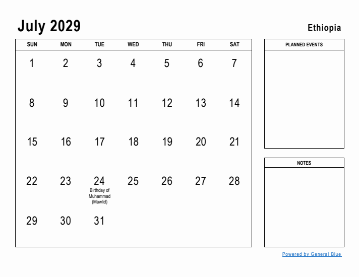 July 2029 Printable Monthly Calendar with Ethiopia Holidays