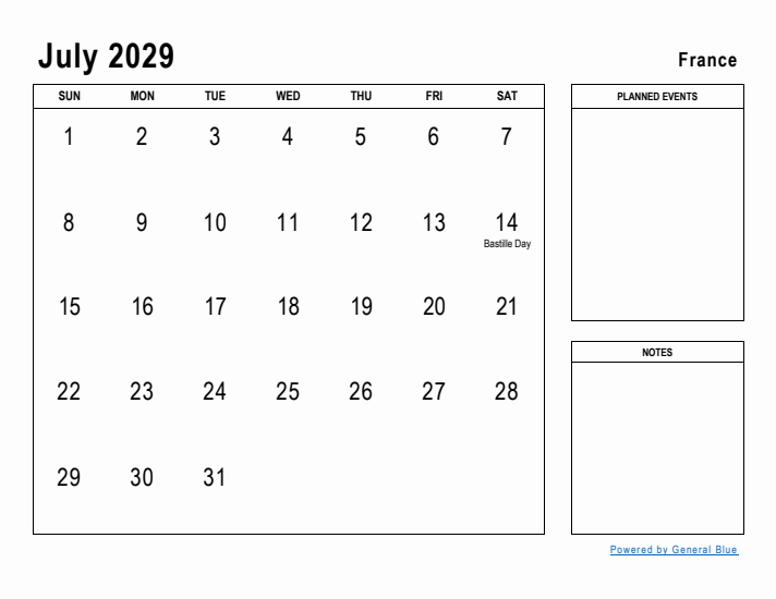 July 2029 Printable Monthly Calendar with France Holidays