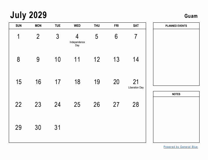 July 2029 Printable Monthly Calendar with Guam Holidays