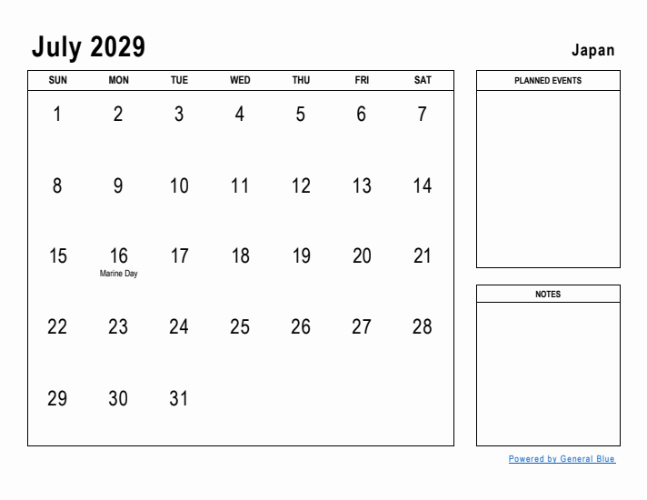 July 2029 Printable Monthly Calendar with Japan Holidays