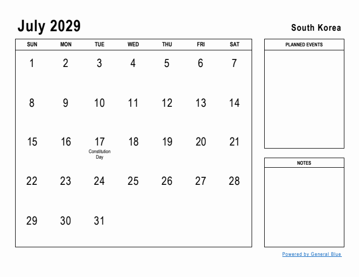 July 2029 Printable Monthly Calendar with South Korea Holidays