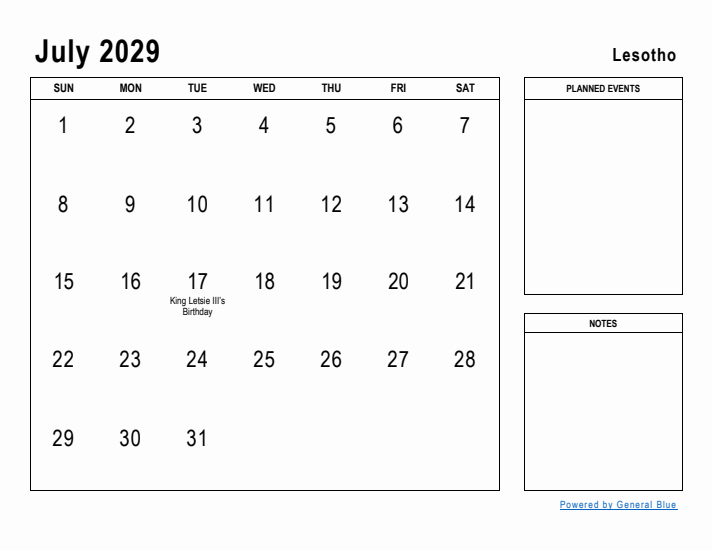 July 2029 Printable Monthly Calendar with Lesotho Holidays