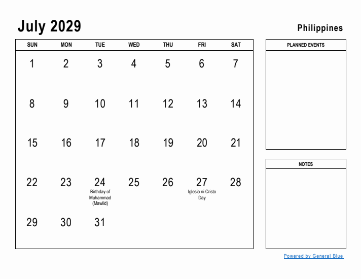 July 2029 Printable Monthly Calendar with Philippines Holidays