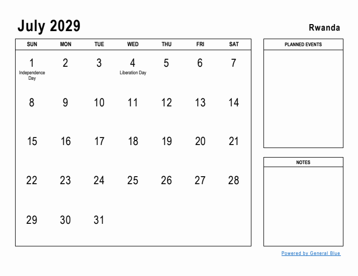 July 2029 Printable Monthly Calendar with Rwanda Holidays