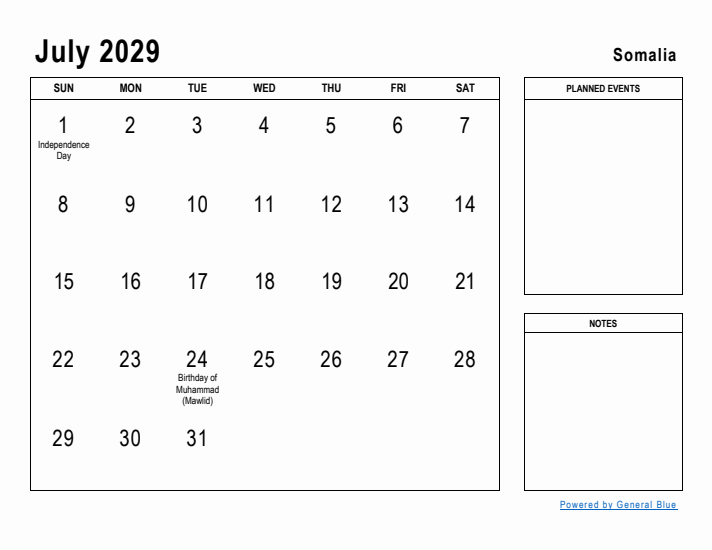 July 2029 Printable Monthly Calendar with Somalia Holidays