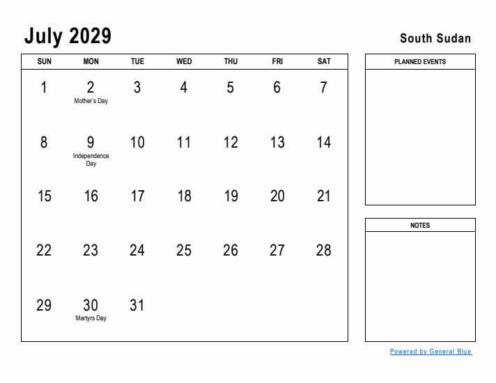 July 2029 Printable Monthly Calendar with South Sudan Holidays