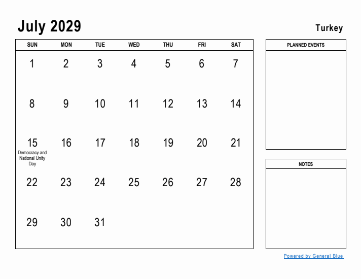 July 2029 Printable Monthly Calendar with Turkey Holidays