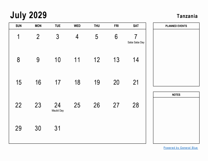 July 2029 Printable Monthly Calendar with Tanzania Holidays