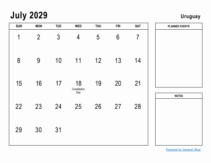 July 2029 Printable Monthly Calendar with Uruguay Holidays