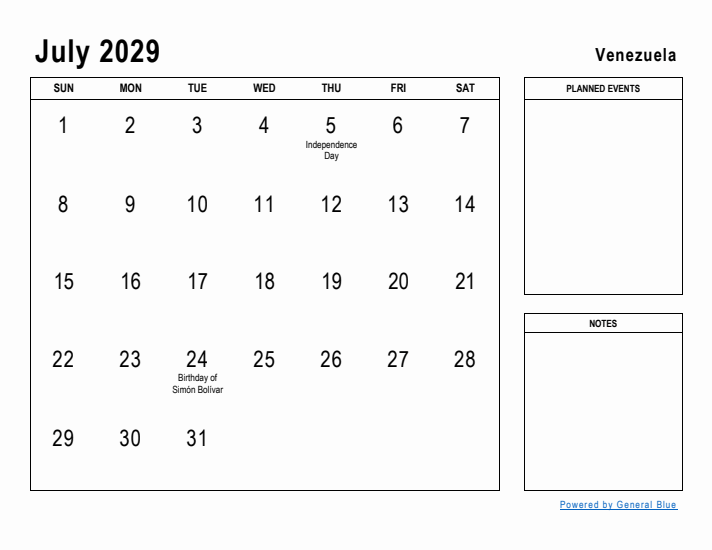 July 2029 Printable Monthly Calendar with Venezuela Holidays