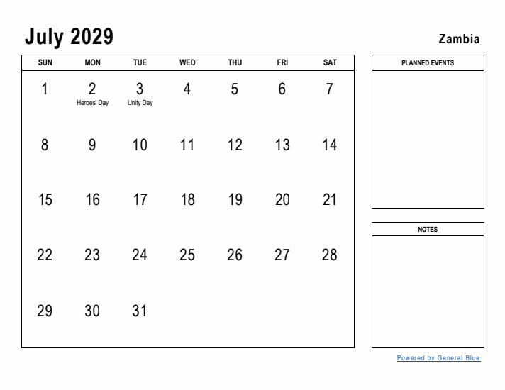 July 2029 Printable Monthly Calendar with Zambia Holidays