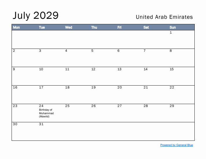 July 2029 Simple Monthly Calendar for United Arab Emirates