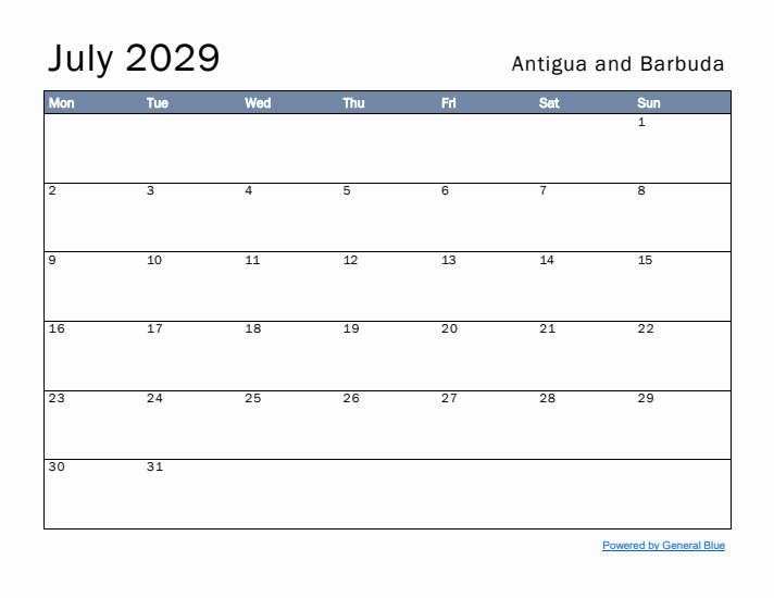 July 2029 Simple Monthly Calendar for Antigua and Barbuda