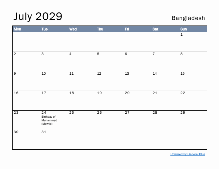 July 2029 Simple Monthly Calendar for Bangladesh