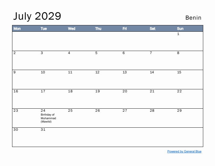 July 2029 Simple Monthly Calendar for Benin