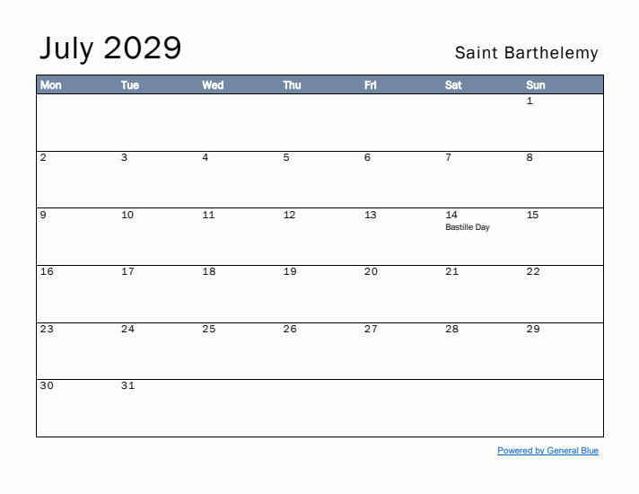 July 2029 Simple Monthly Calendar for Saint Barthelemy